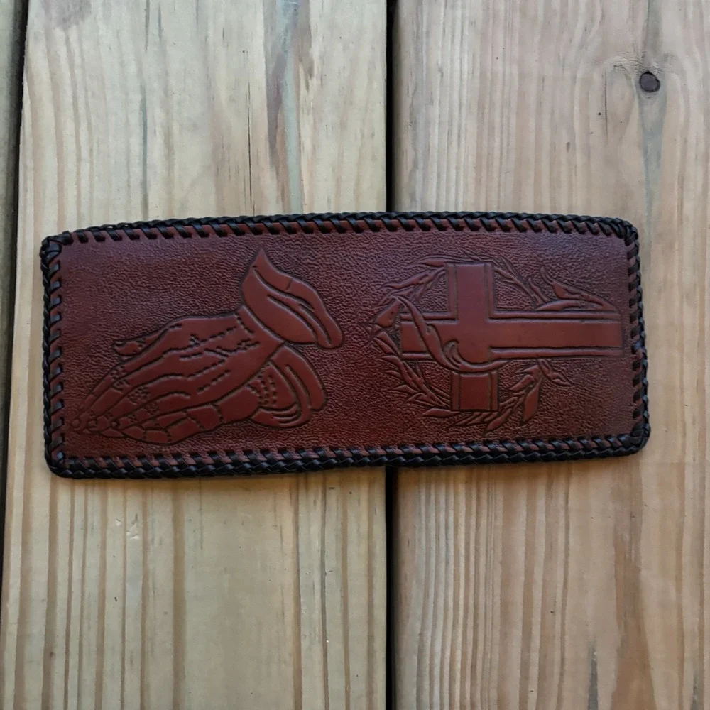 Vintage Jesus Leather Wallet Bi Fold Hand Tooled Whipstitch Prayer Religious